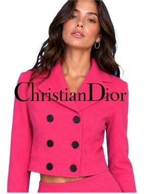 Christian Dior Fuchsia Pink Cropped Pea Jacket Black Buttons AUTHENTIC - Size 36